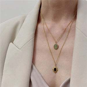 French vintage double-layered titanium steel necklace with green and black natural stones