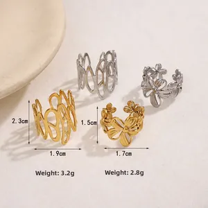 Detailed size specifications for hollow geometric and floral gold-tone open rings