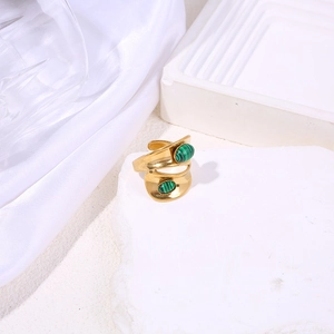 Luxurious wide double-layer gold plated ring with two oval green malachite stones