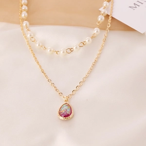 French style double-layer pearl necklace with a teardrop opal pendant in bright gold finish