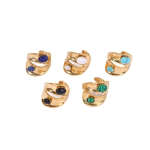 Set of five wide double-layer gold titanium steel rings with assorted oval gemstones
