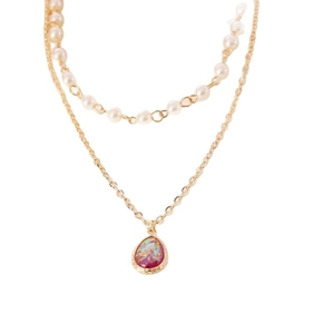 French style double-layer pearl necklace with a gold teardrop pendant and opal stone
