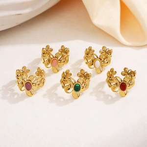 Set of five vintage floral open rings in gold finish with multi-colored natural stones