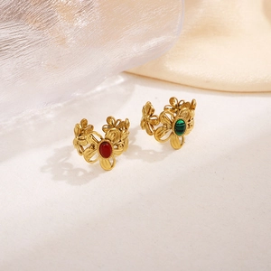 French vintage gold stainless steel rings with red and green natural stone flower design