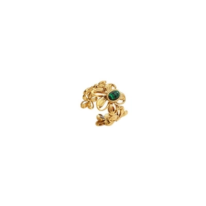 French style gold flower open ring with green natural stone on white background