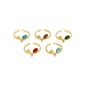 Cinq bagues dorées ajustables vintage avec pierres colorées et détails en zircon