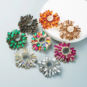 Sunburst Earrings Stainless Steel Colorful Rhinestone Starburst Exaggerated Flower Studs Bohemian Style For Women