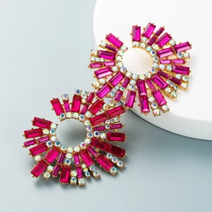 Magenta crystal sunflower earrings with gold alloy and sparkling rhinestone accents