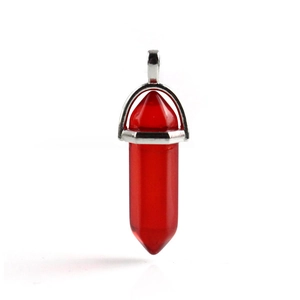 Handmade red crystal hexagonal column pendant necklace with silver wire wrap detail