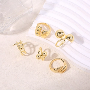 Geometric Gold Plated Copper Open Rings Minimalist Adjustable Jewelry Crab Claw Star Spheres Design For Women