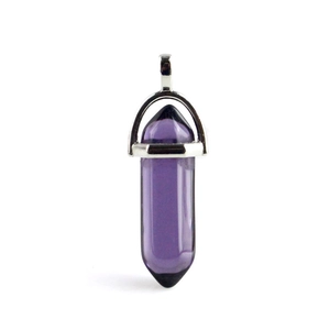 Wire wrapped hexagonal dark purple crystal bullet pendant with silver metal bail
