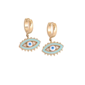 Gold evil eye hoop earrings with blue enamel charms in a minimalist aesthetic