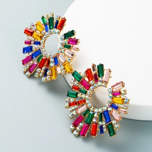 Luxurious multi-color gemstone radial hoop earrings with gold finish for women