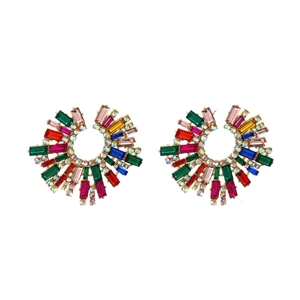 Elegant gold flower earrings with colorful crystals and bohemian sunburst design