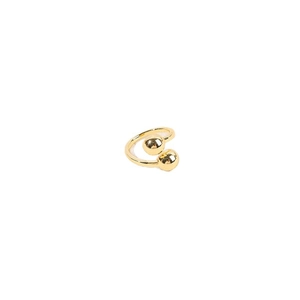 Minimalist golden open ring with polished double spherical beads on a clean white background