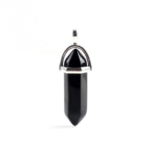 Polished black obsidian hexagonal column pendant with a silver metal clasp