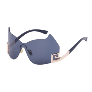 Modische randlose Oversize-Sonnenbrille mit dunkelgrauen Gläsern und goldenen Mäander-Bügeln