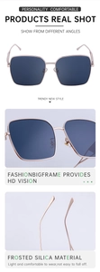Detail view of square rose gold sunglasses with HD blue lenses and frosted silicone pads