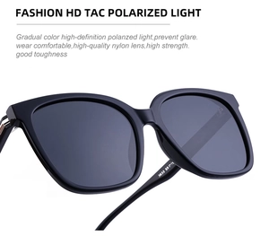 Detail of black square polarized sunglasses showing the high-quality nylon temple and inner SKU