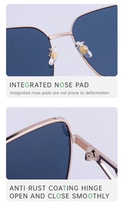 Detail of rose gold sunglasses frame with integral nose pads and anti-rust hinges