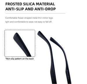 Close-up of matte black silicone temples with anti-slip texture and model parameters