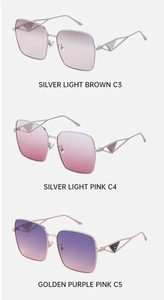 Vertical display of three square sunglasses with gradient lenses and metal hollow temples