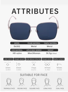 Detailed size chart for oversized metal sunglasses with high-definition nylon lenses