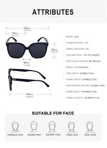 Detailed dimension chart for large frame polarized sunglasses showing sizing and fit