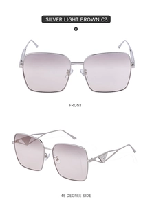 Detail view of silver metal square sunglasses with gradient lenses and镂空 temple design