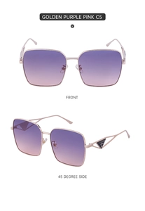 Detail of oversized metal sunglasses with golden purple pink gradient lenses and side hollow