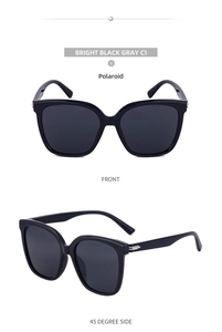 Front and 45-degree side view of oversized bright black polarized square sunglasses