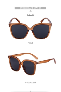 Front and side view of large orange frame polarized sunglasses with gray lenses