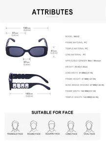 Guide des tailles détaillé pour lunettes de soleil carrées largeur 140mm et matériau PC