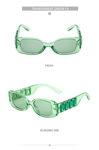 Détails de lunettes de soleil carrées vertes transparentes avec cristaux sur les branches