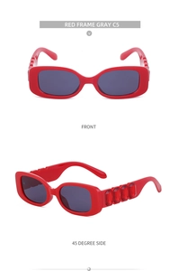 Détails de lunettes de soleil carrées rouges avec accents trapézoïdaux aux branches