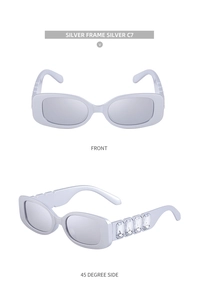 Détail de lunettes de soleil carrées argentées avec strass, vues de face et à 45 degrés