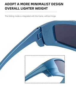 Detail of blue Y2K sports sunglasses featuring a hinge-free lightweight folding design