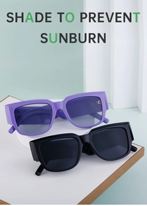 Détail de lunettes de soleil œil-de-chat vintage avec branches larges en violet et noir