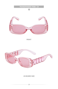 Vue de face et de profil à 45 degrés des lunettes de soleil Y2K roses transparentes