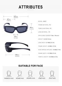 Size chart for 20927 Y2K sports sunglasses showing frame dimensions and face shape guide