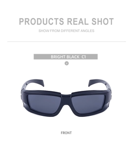 Front view of Y2K windproof sports sunglasses with bright black rectangular frame