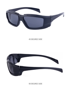Detail views of black Y2K sports sunglasses showing 45 and 90 degree side angles