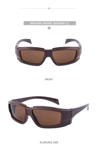 Front and side view of brown wrap-around sports sunglasses with polished wide frames