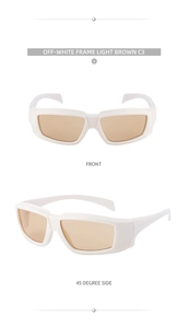 Front and 45-degree side views of off-white rectangle wrap sport sunglasses with brown lenses