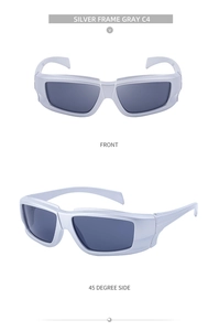 Front and 45-degree views of futuristic silver sports sunglasses with gray lenses