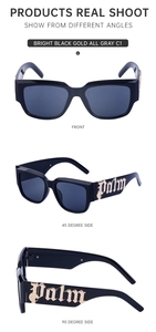 Vues détaillées de lunettes de soleil œil-de-chat carrées avec logo Palm doré sur les branches