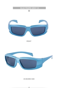 Front and side view of metallic blue Y2K sports sunglasses with dark grey lenses