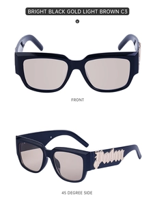 Gros plan de lunettes de soleil noires avec logo Palm doré et verres marron clair