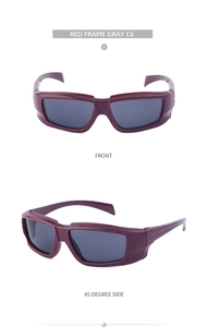 Detail view of red frame Y2K sports sunglasses with gray lenses from front and side angles