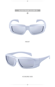 Y2K windproof sports sunglasses with silver frame and mirror lenses from two angles